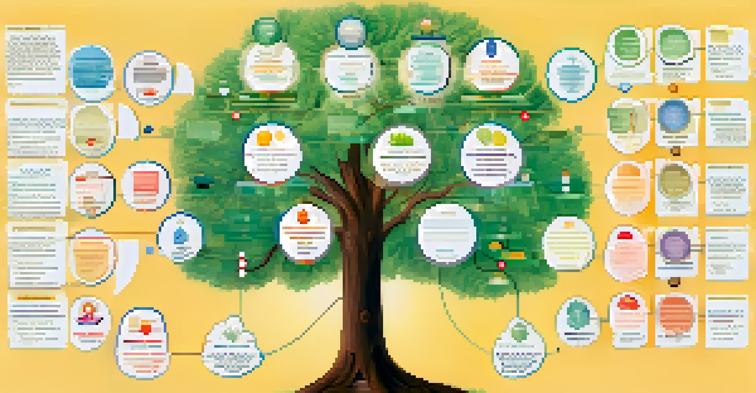 An infographic of a family tree showing health conditions linked to family members, with color-coded branches and icons.