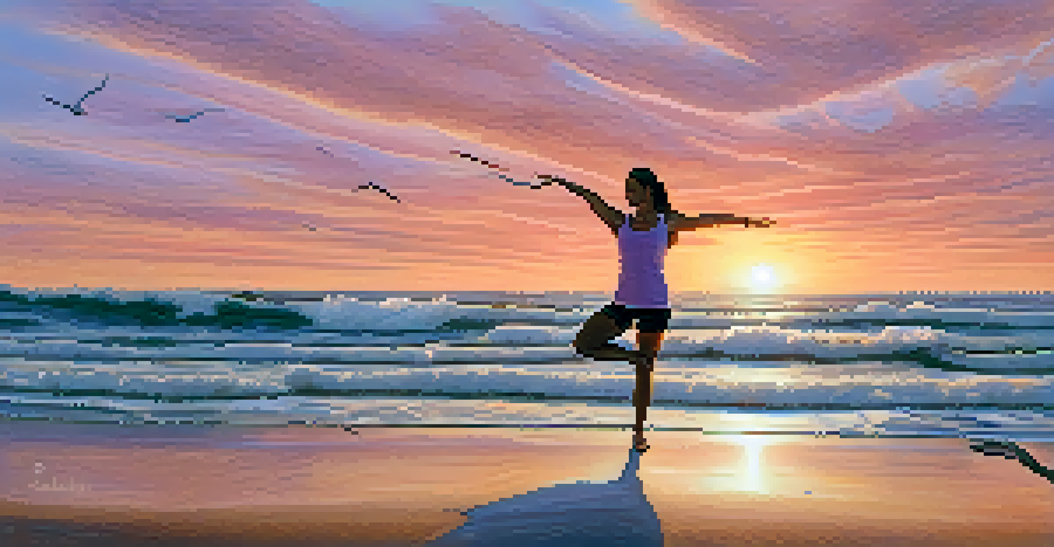 A woman practicing yoga on a beach at sunrise, with waves and a colorful sky in the background.