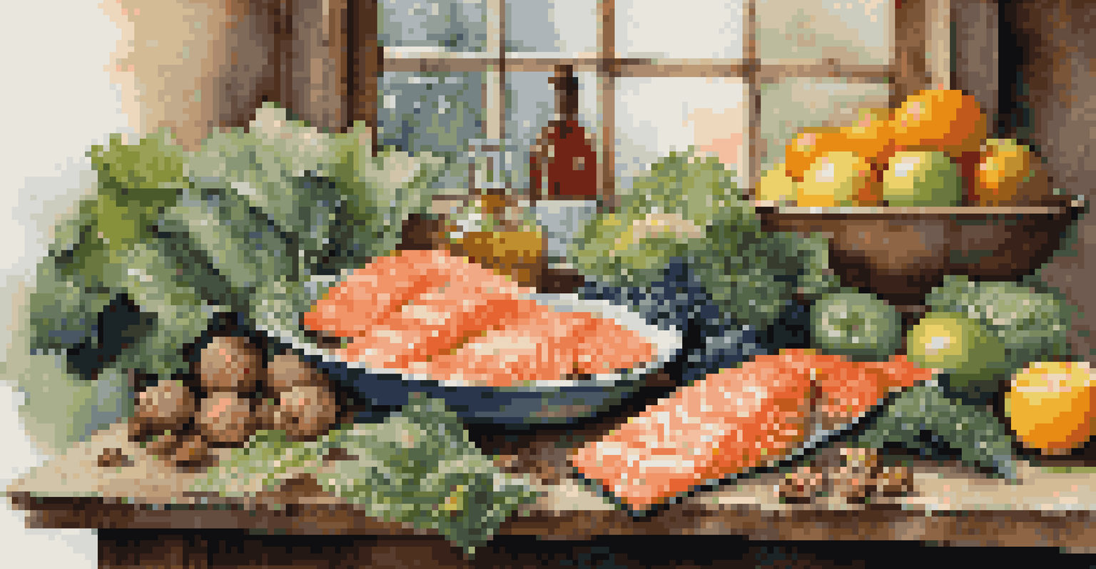 A colorful still life of nutrient-rich foods like salmon, walnuts, leafy greens, and citrus fruits arranged on a wooden table.