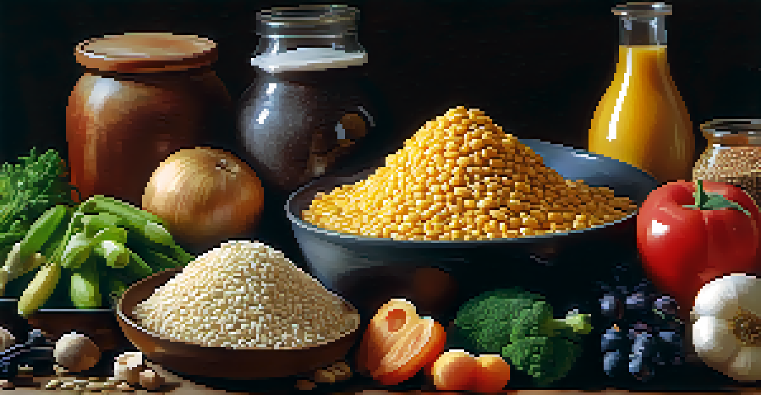 A close-up of a bowl filled with colorful gut-friendly foods like grains, fruits, and vegetables, with a blurred background.