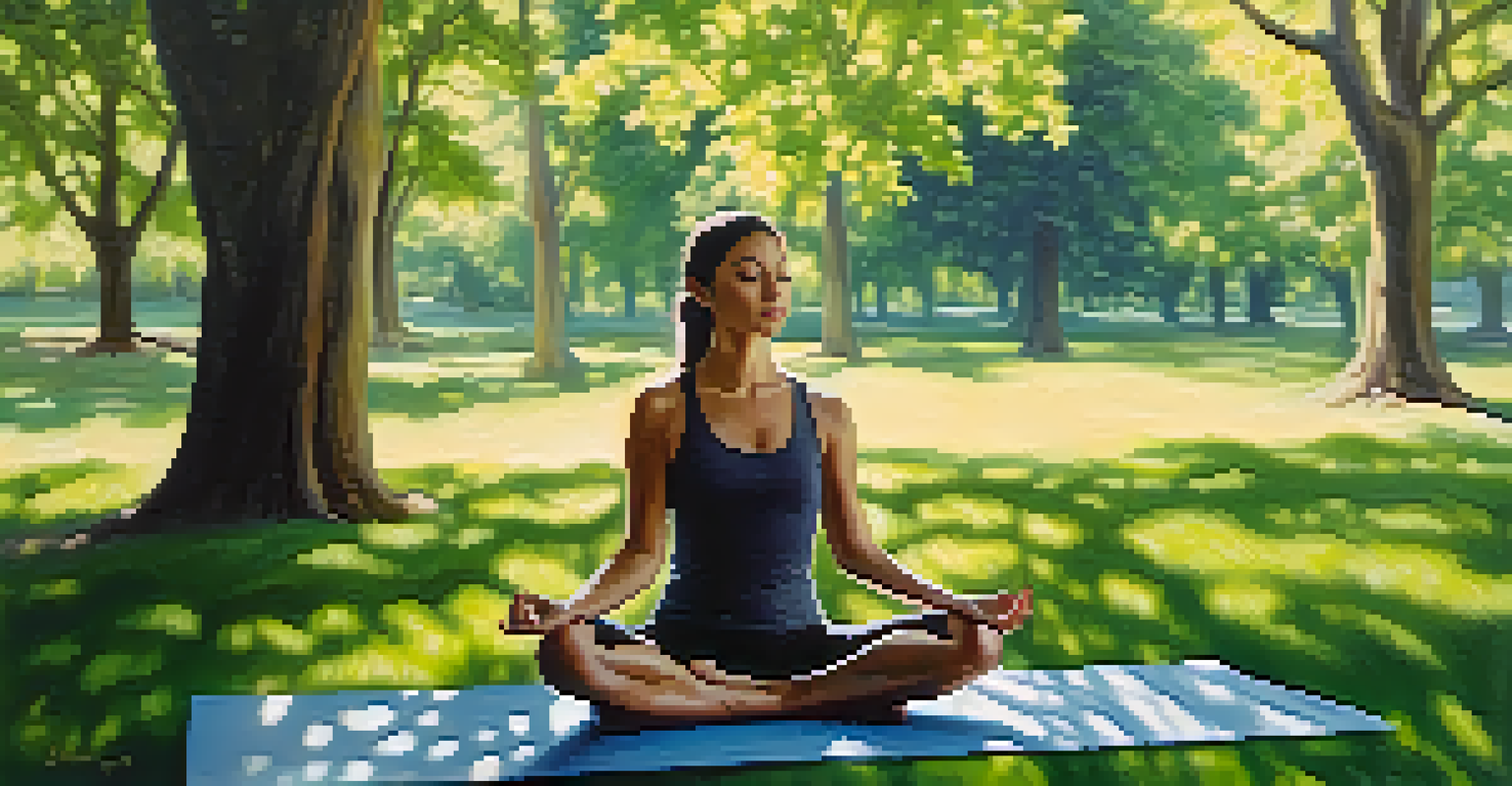 A woman meditating in a lush green park, surrounded by sunlight filtering through trees, looking relaxed and focused.