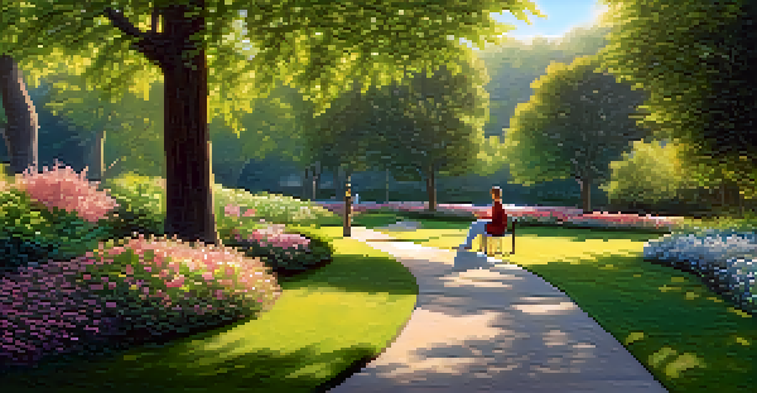 A person practicing deep breathing exercises in a peaceful park surrounded by nature.