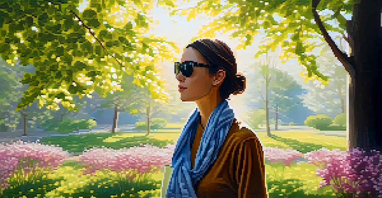 A person enjoying a spring day outdoors, surrounded by blooming flowers and trees, wearing a scarf and sunglasses.