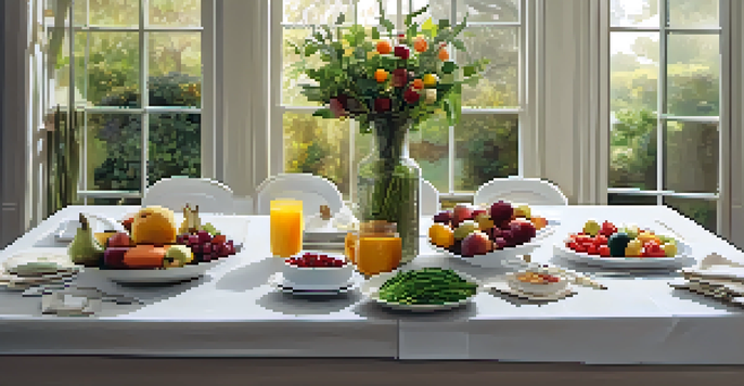 A dining table filled with fresh fruits, vegetables, and whole grains, illuminated by natural light, creating a serene atmosphere.