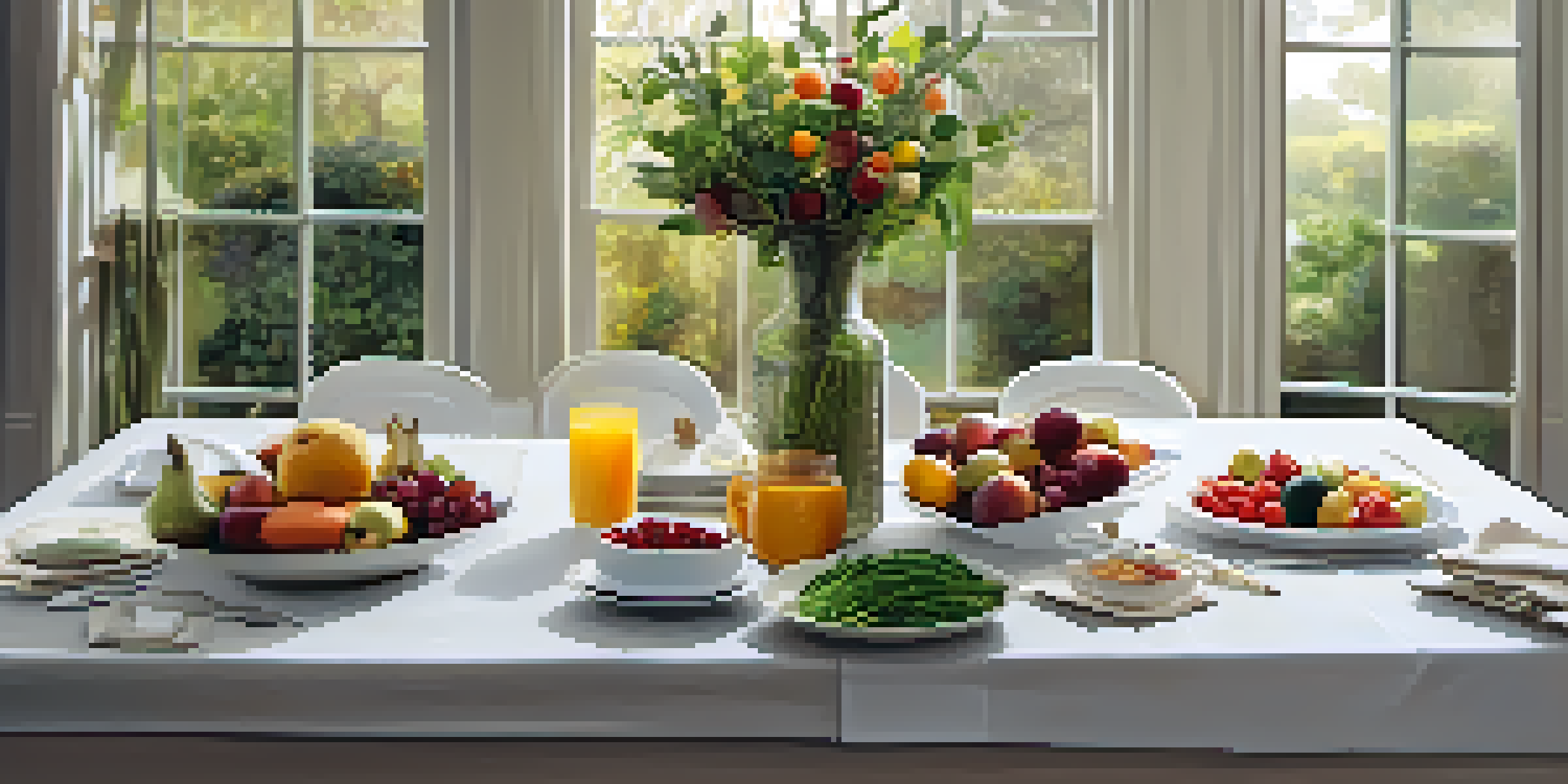 A dining table filled with fresh fruits, vegetables, and whole grains, illuminated by natural light, creating a serene atmosphere.