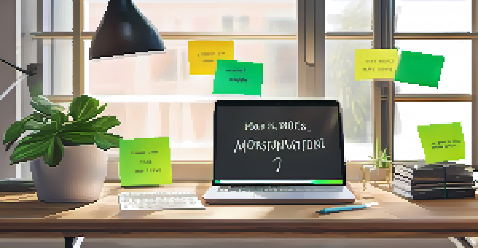 A bright workspace with a laptop, colorful affirmations on sticky notes, and a potted plant.