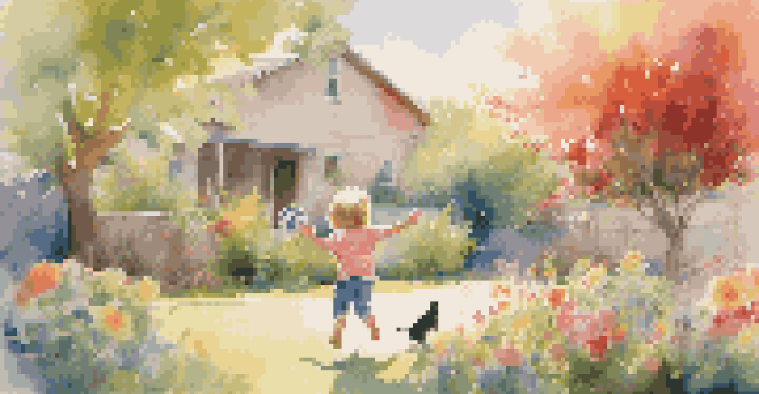 A child laughing and playing fetch with a fluffy cat in a vibrant backyard, surrounded by colorful flowers.
