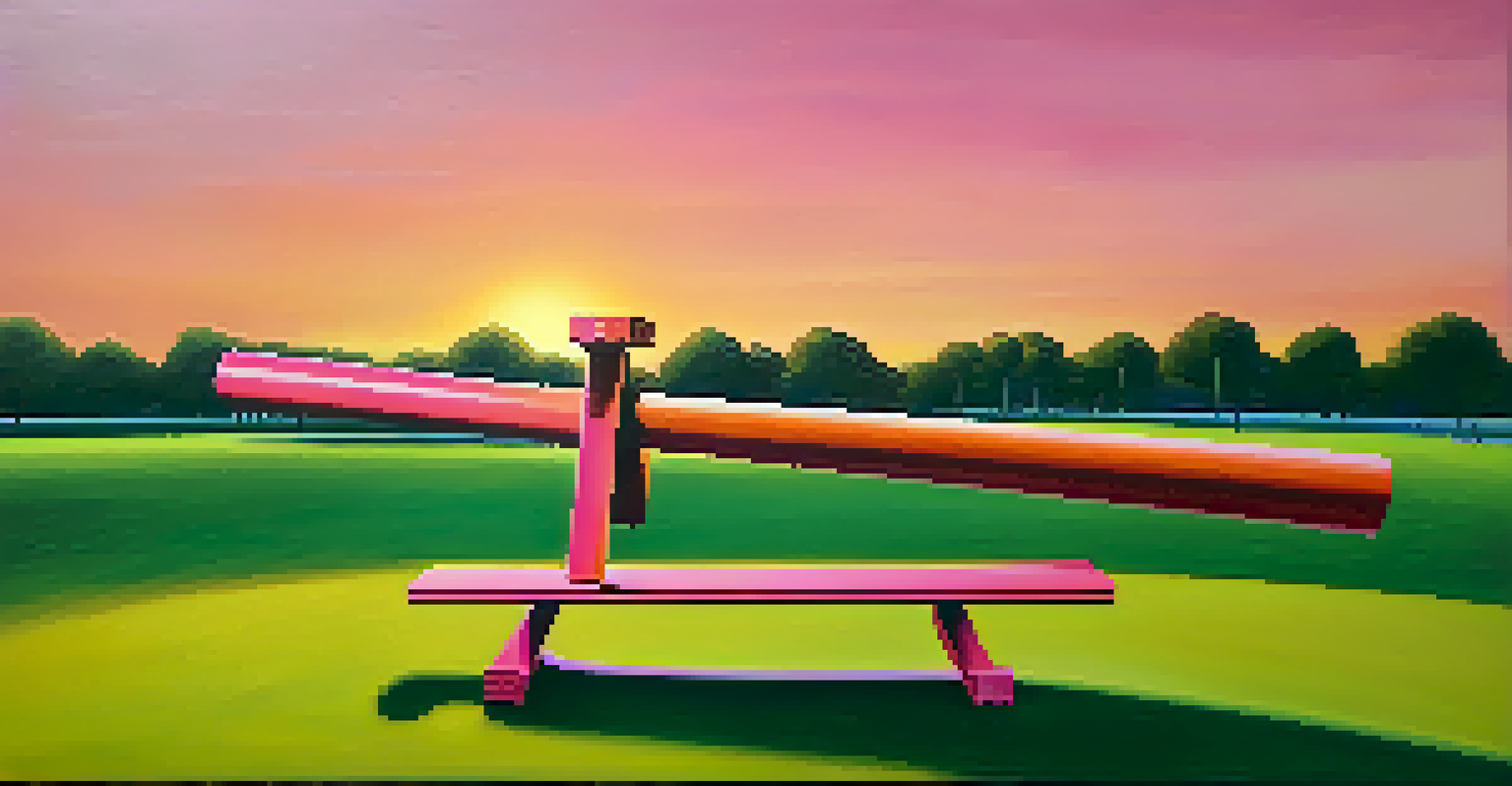 An abstract seesaw in a park at sunset, depicting the balance between joy and sadness.