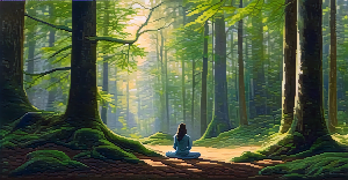 A person meditating peacefully in a lush green forest with sunlight streaming through the trees.
