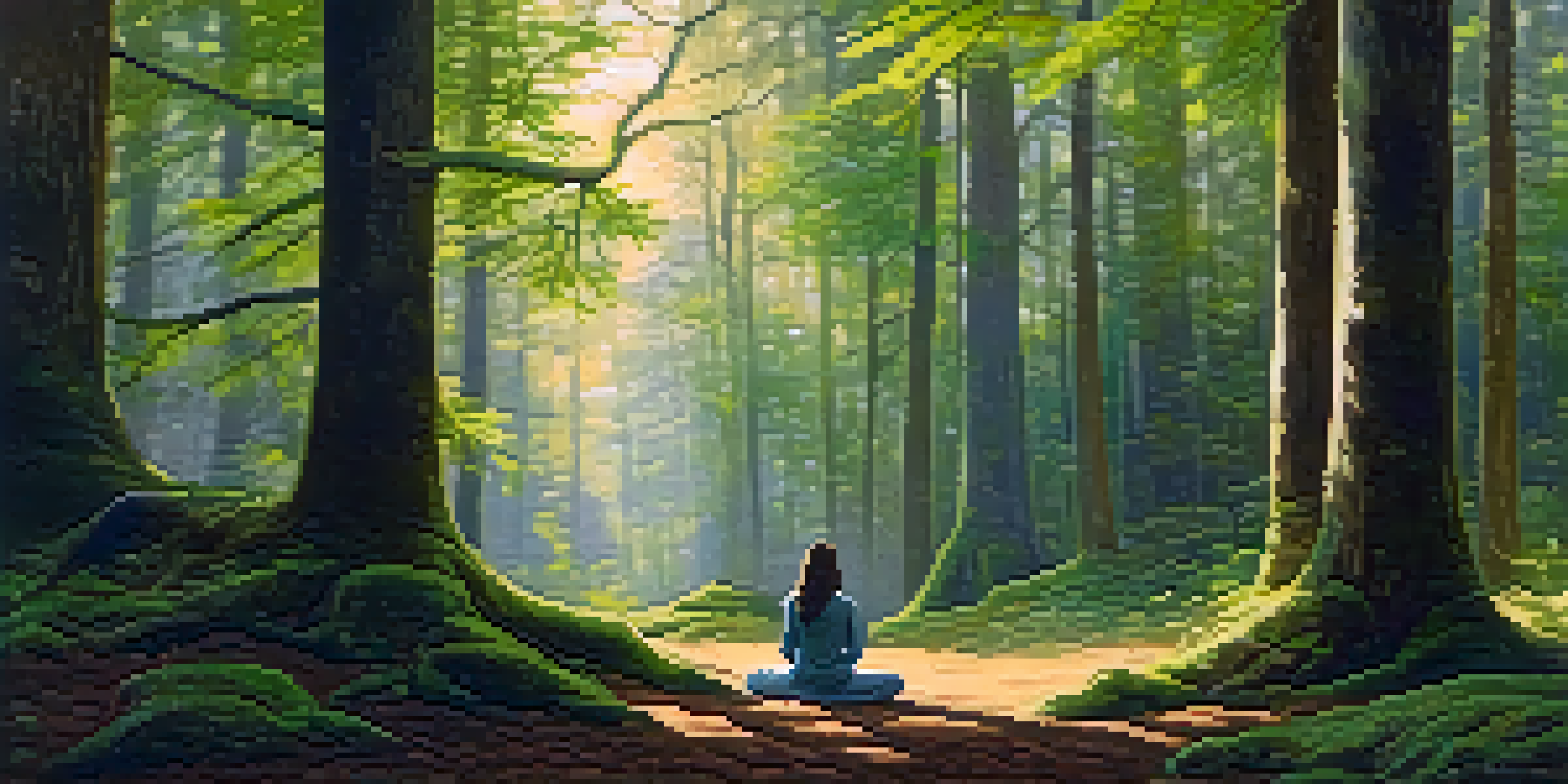 A person meditating peacefully in a lush green forest with sunlight streaming through the trees.