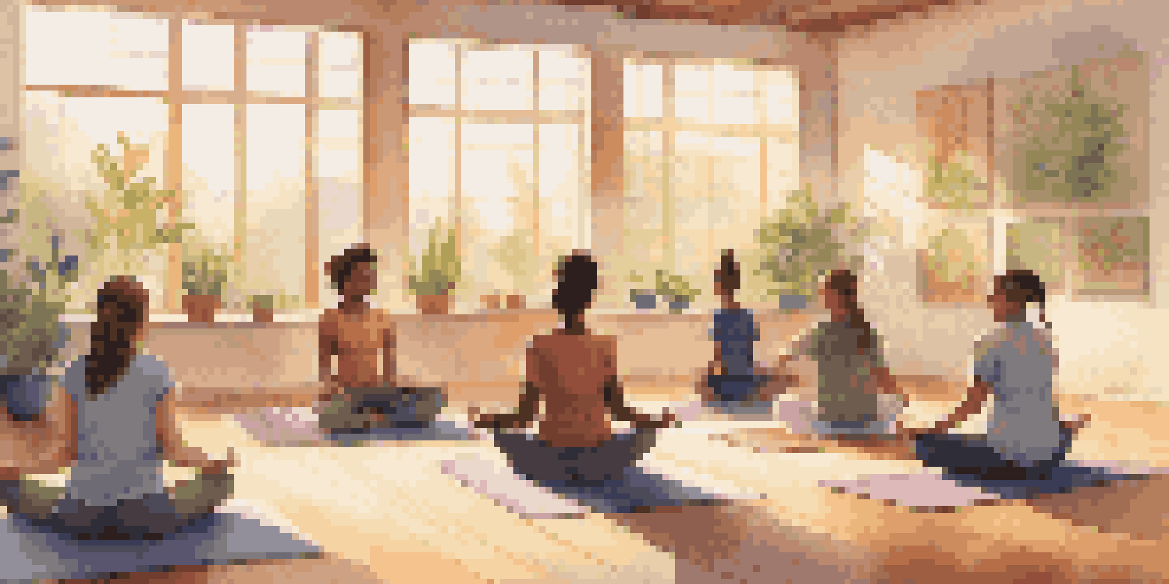A classroom filled with diverse students practicing mindfulness meditation on yoga mats, with sunlight streaming in through the windows.
