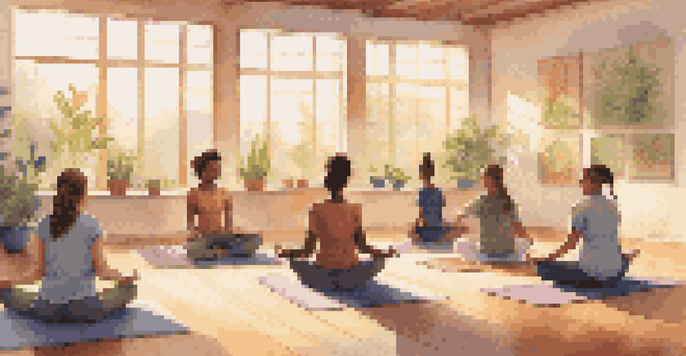 A classroom filled with diverse students practicing mindfulness meditation on yoga mats, with sunlight streaming in through the windows.