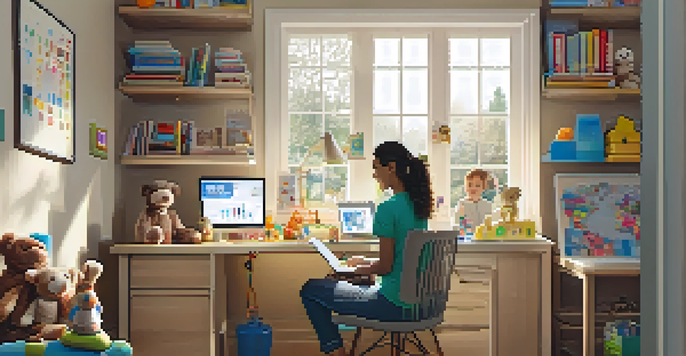 A busy parent having a telemedicine appointment at home, with children's toys around and soft natural light coming through a window.