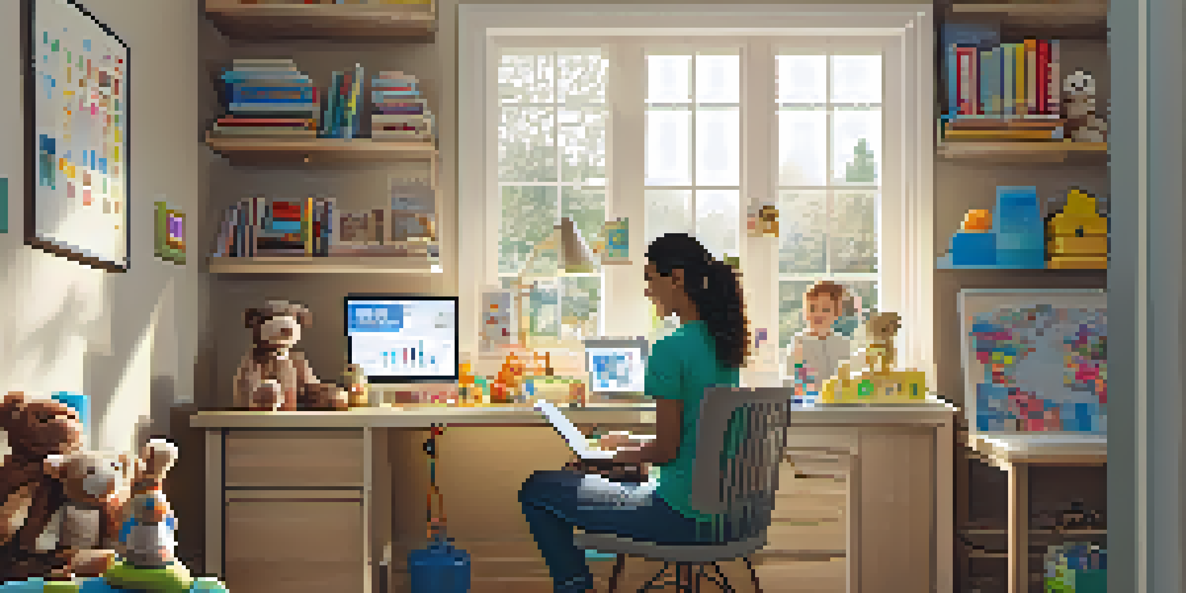 A busy parent having a telemedicine appointment at home, with children's toys around and soft natural light coming through a window.