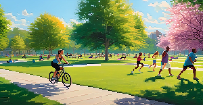 A diverse group of people exercising in a sunny park, including jogging, yoga, and cycling amidst green grass and blooming flowers.