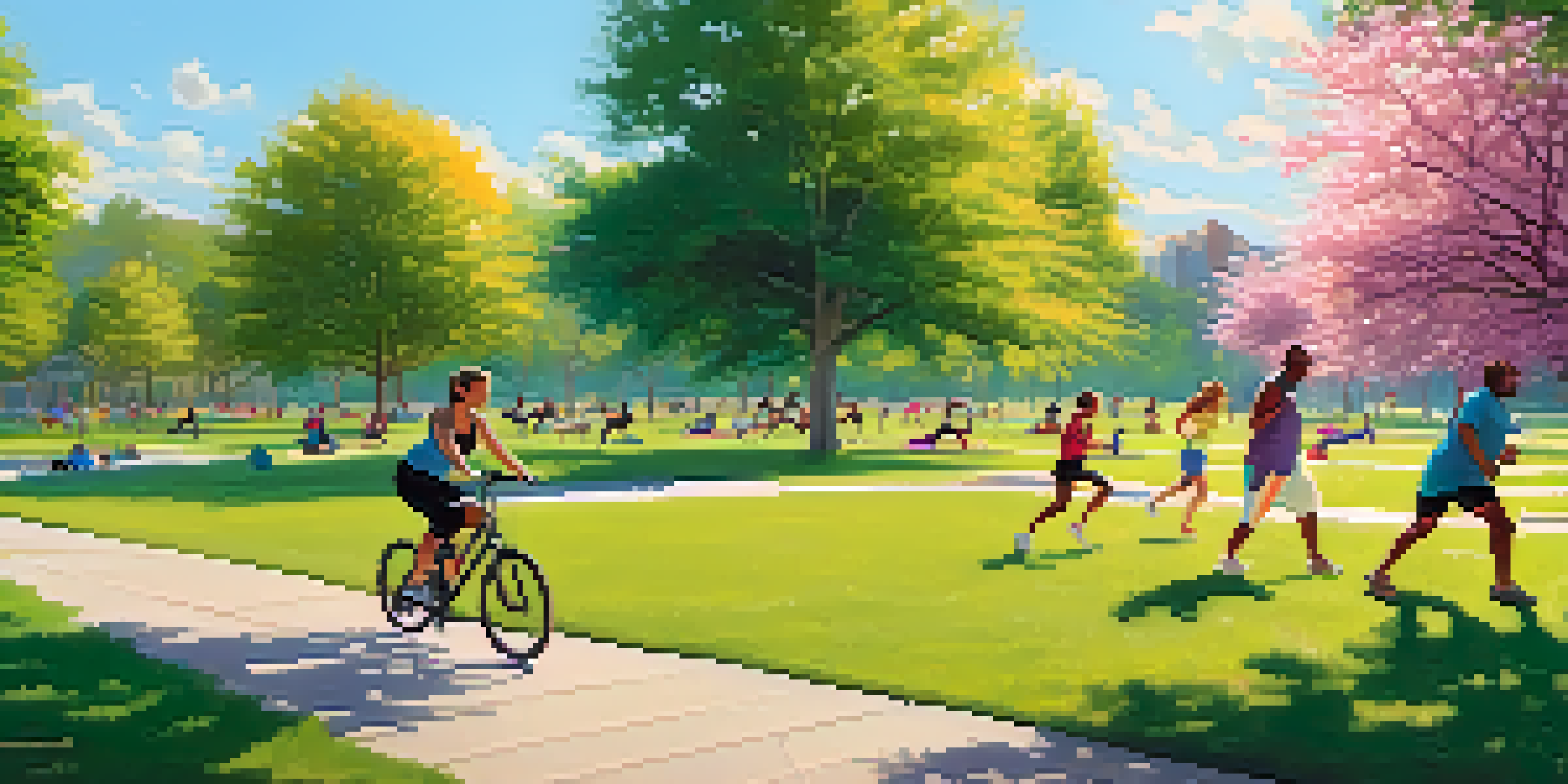 A diverse group of people exercising in a sunny park, including jogging, yoga, and cycling amidst green grass and blooming flowers.