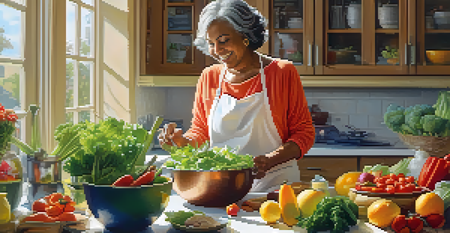 A middle-aged woman preparing a colorful salad in a bright kitchen filled with fresh vegetables.