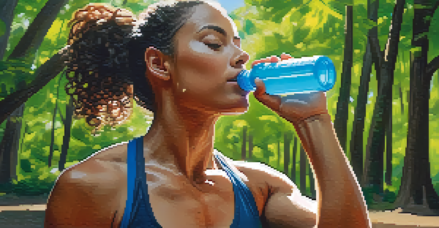 An athlete in a natural outdoor setting, hydrating with an electrolyte drink after a workout, surrounded by greenery and bright sunlight.