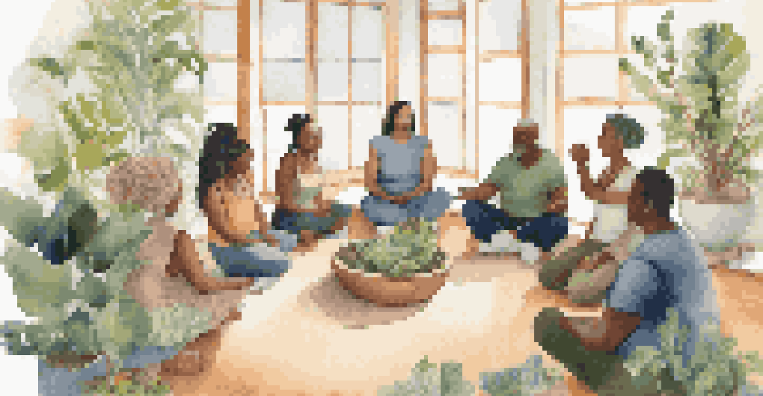 A group of diverse individuals sitting in a circle, engaging in a supportive conversation during a wellness workshop.