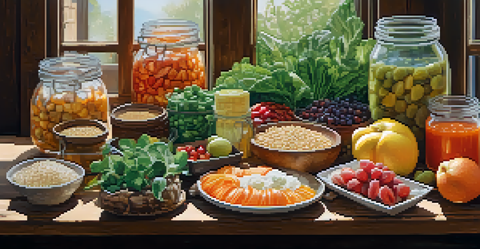 A variety of whole foods including fruits, vegetables, grains, and fermented products displayed on a wooden table, illuminated by soft natural light.