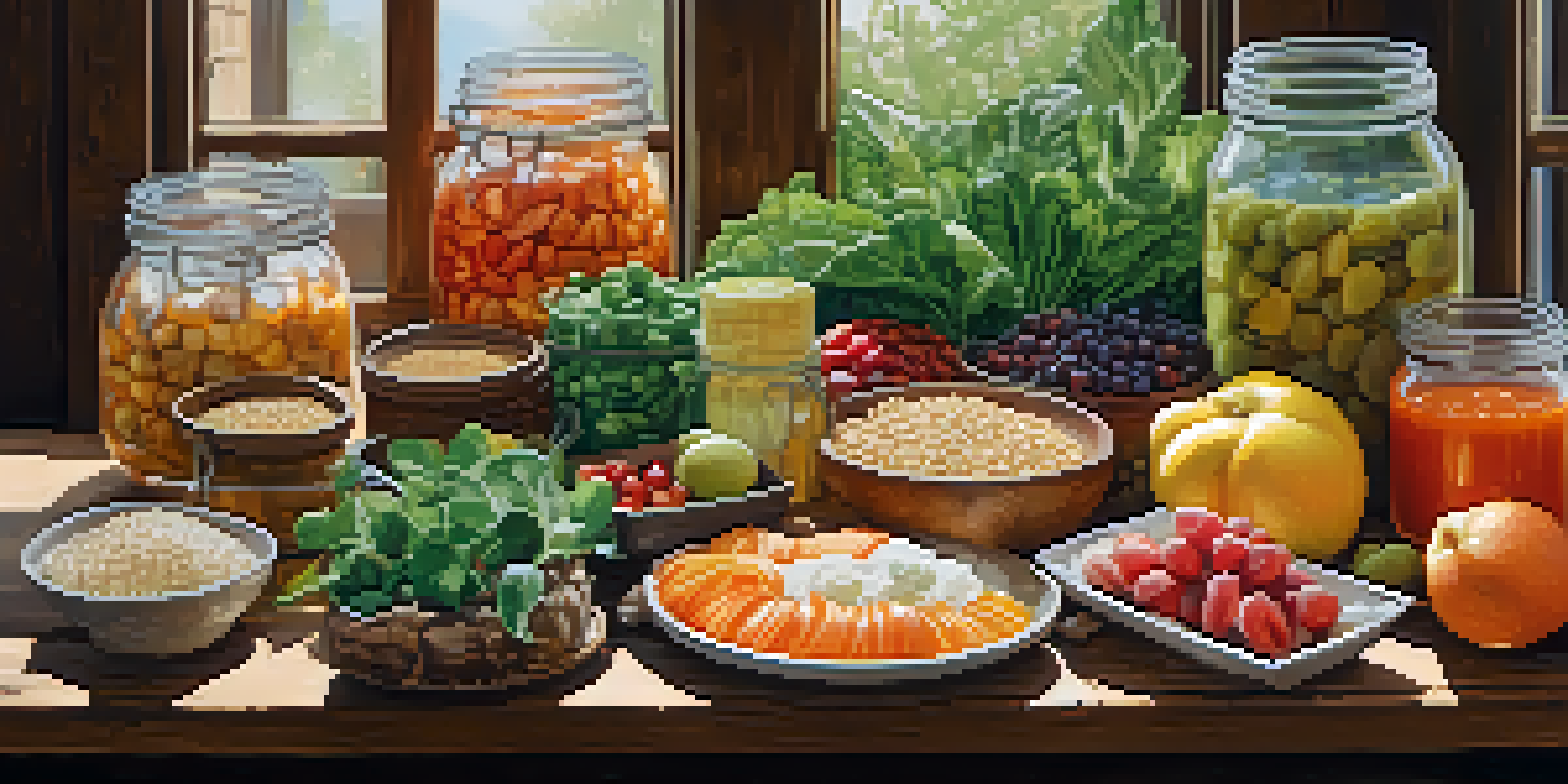 A variety of whole foods including fruits, vegetables, grains, and fermented products displayed on a wooden table, illuminated by soft natural light.