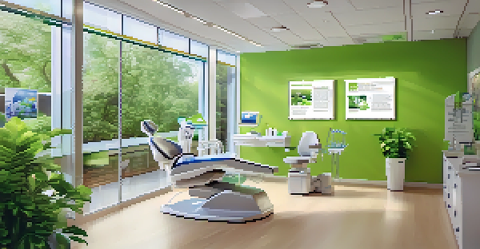 A modern dental clinic interior with a bright design, natural light, and educational posters about oral health and Alzheimer's risk.