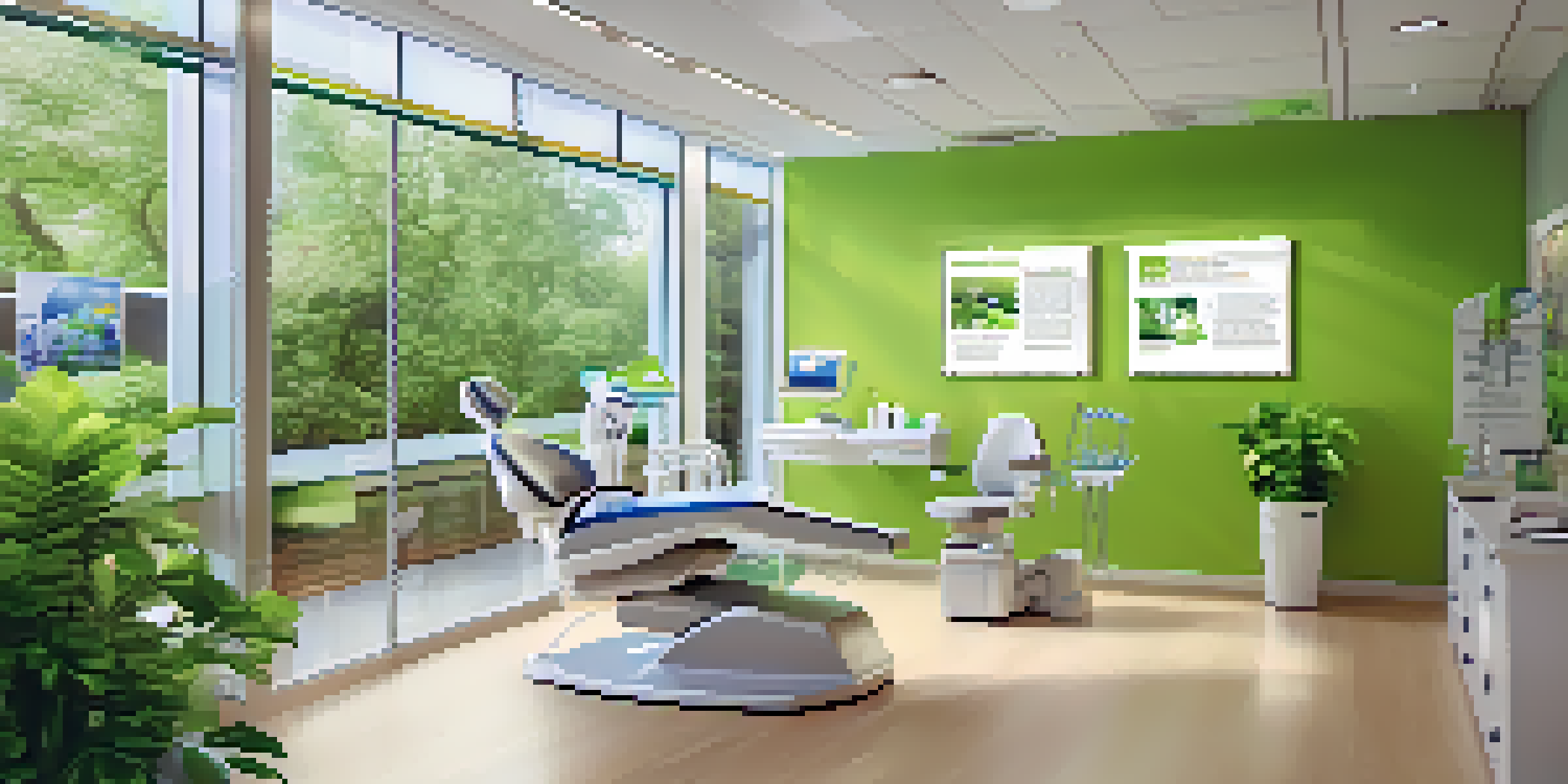 A modern dental clinic interior with a bright design, natural light, and educational posters about oral health and Alzheimer's risk.