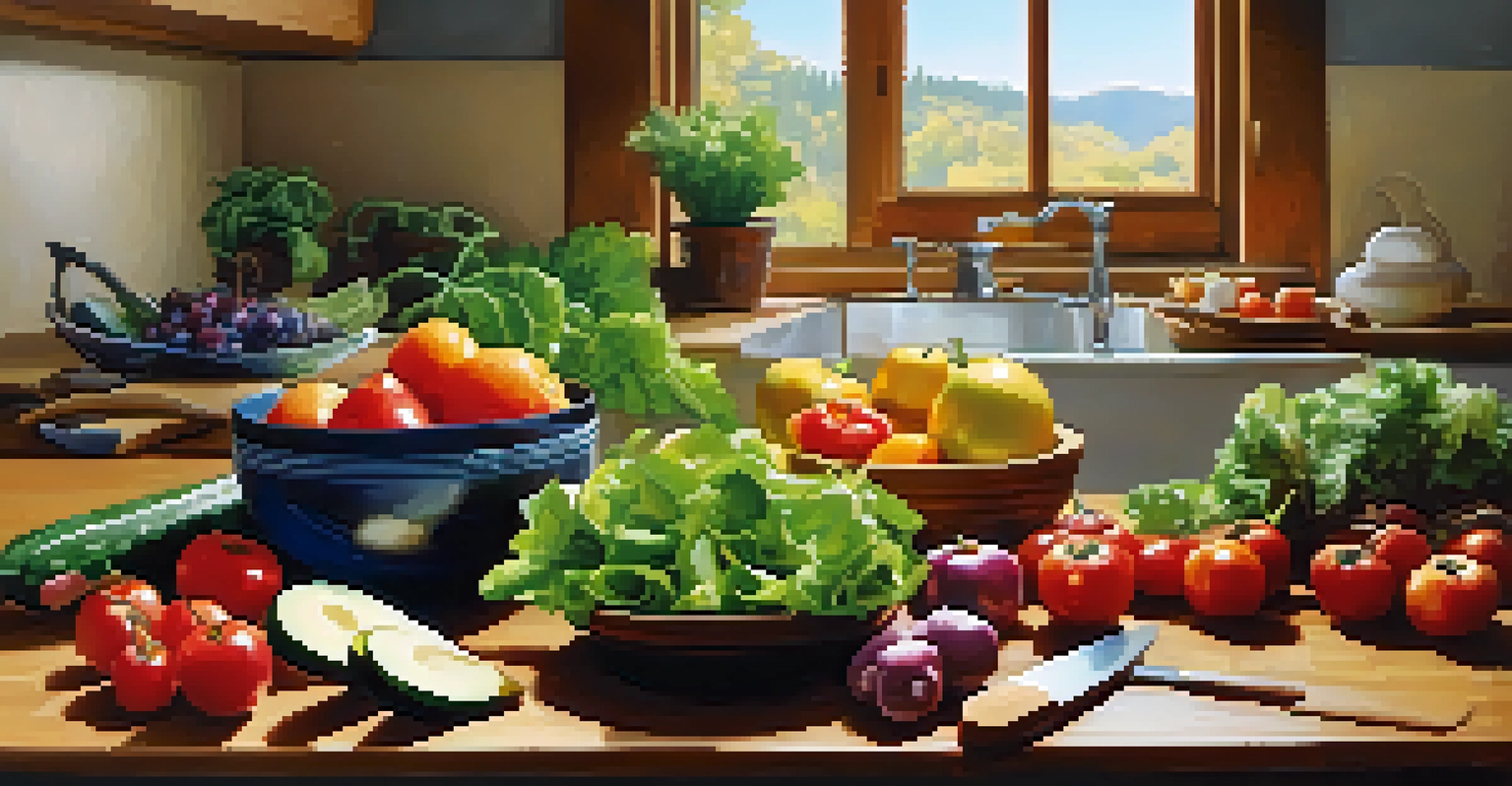 A colorful array of fresh fruits and vegetables on a wooden kitchen table with sunlight streaming in.