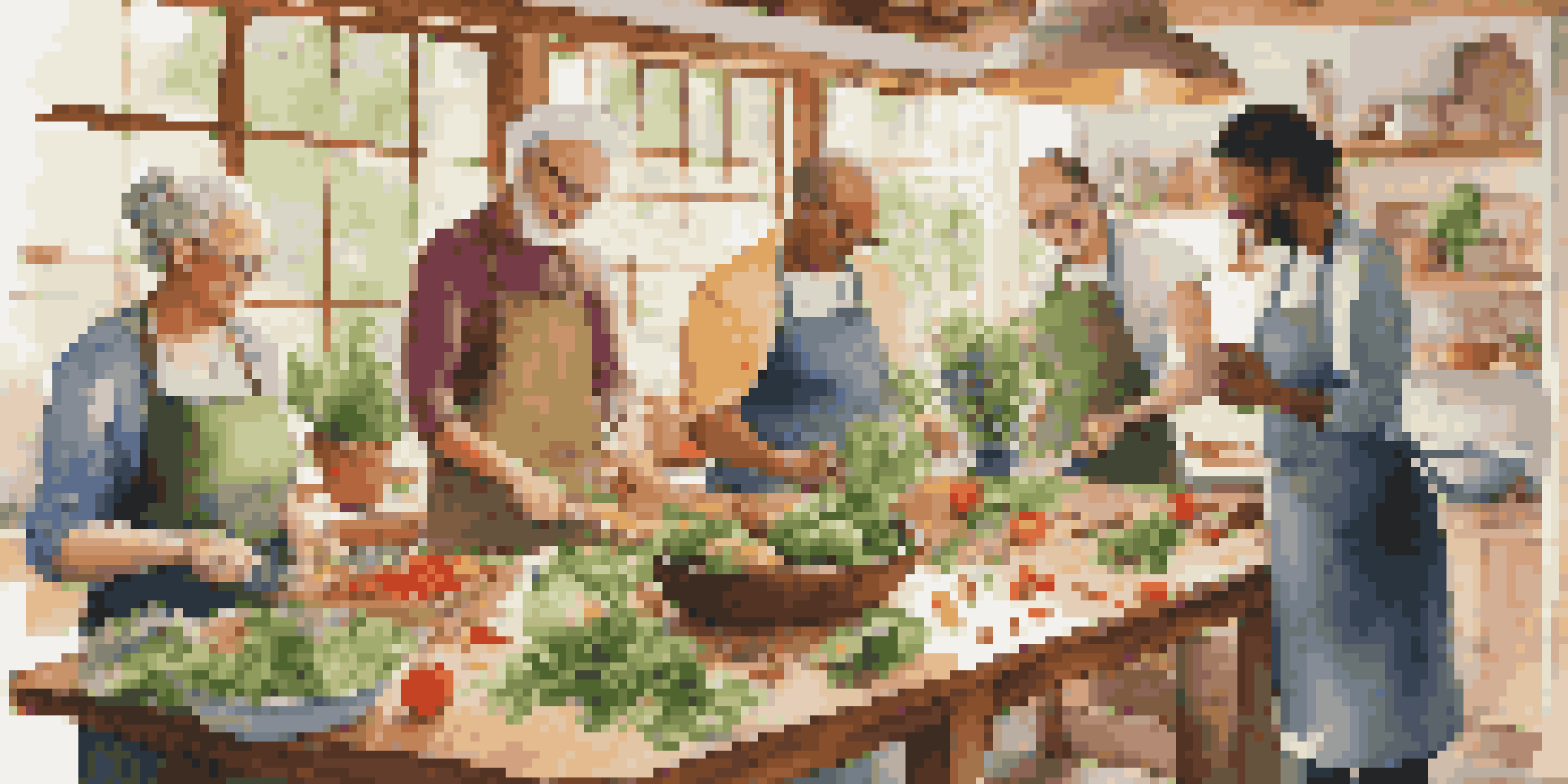A diverse group of people engaged in a cooking workshop, preparing colorful vegetables at a wooden table in a bright, sunlit kitchen.