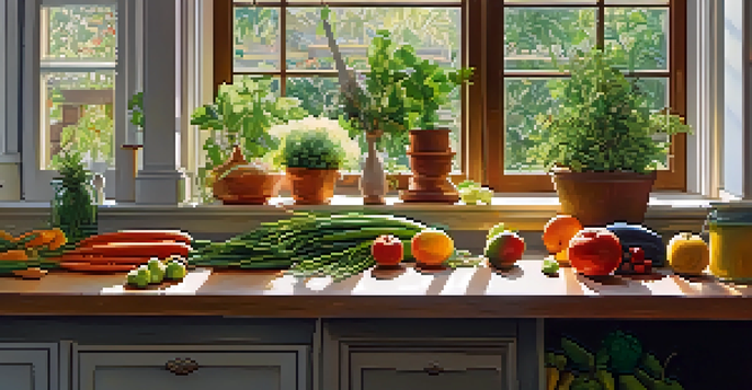 A bright kitchen with a wooden table filled with fresh fruits and vegetables, sunlight streaming in through a window.
