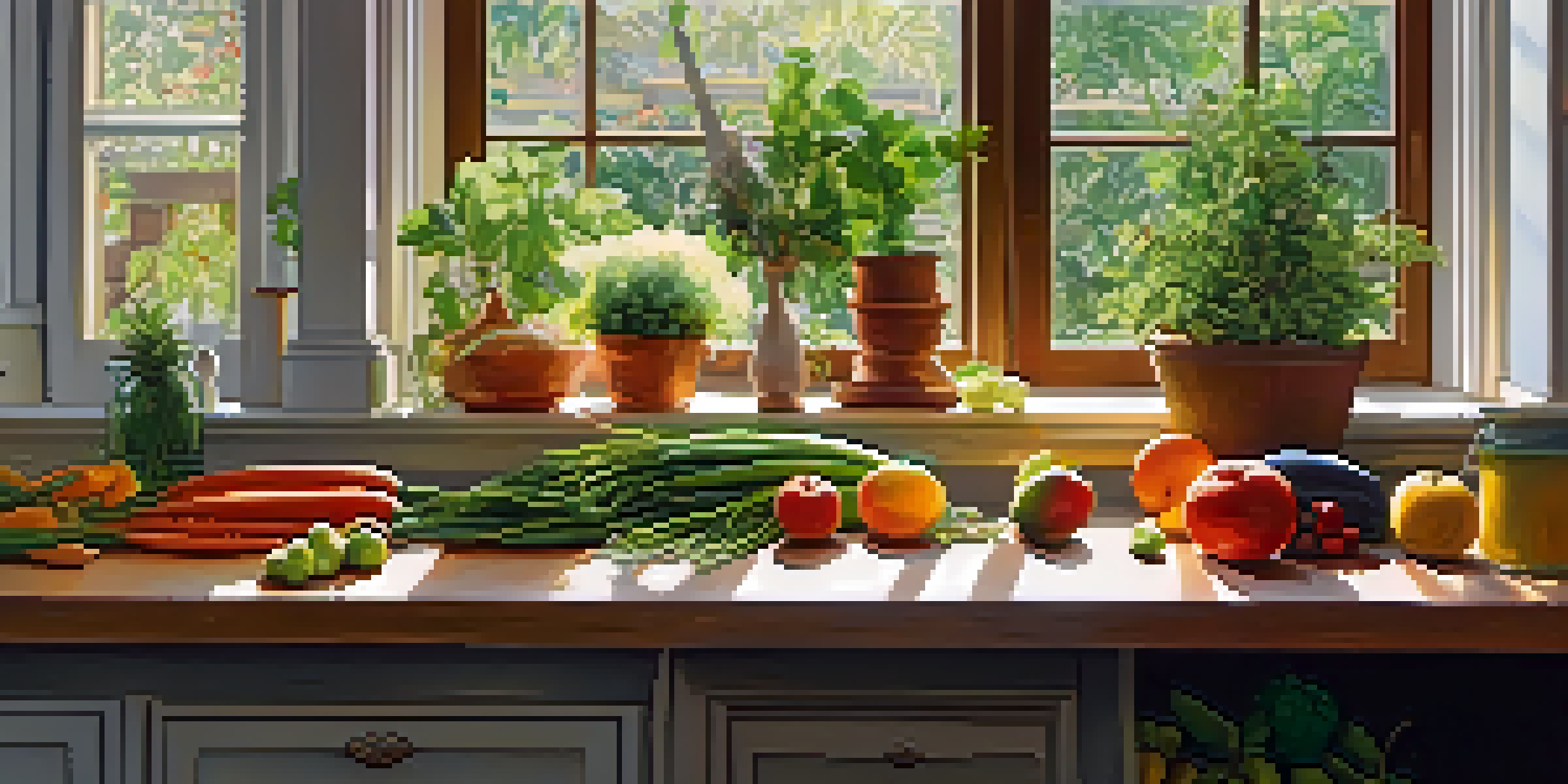 A bright kitchen with a wooden table filled with fresh fruits and vegetables, sunlight streaming in through a window.