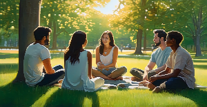 A diverse group of friends sitting in a circle in a park, engaged in a supportive conversation during sunset.