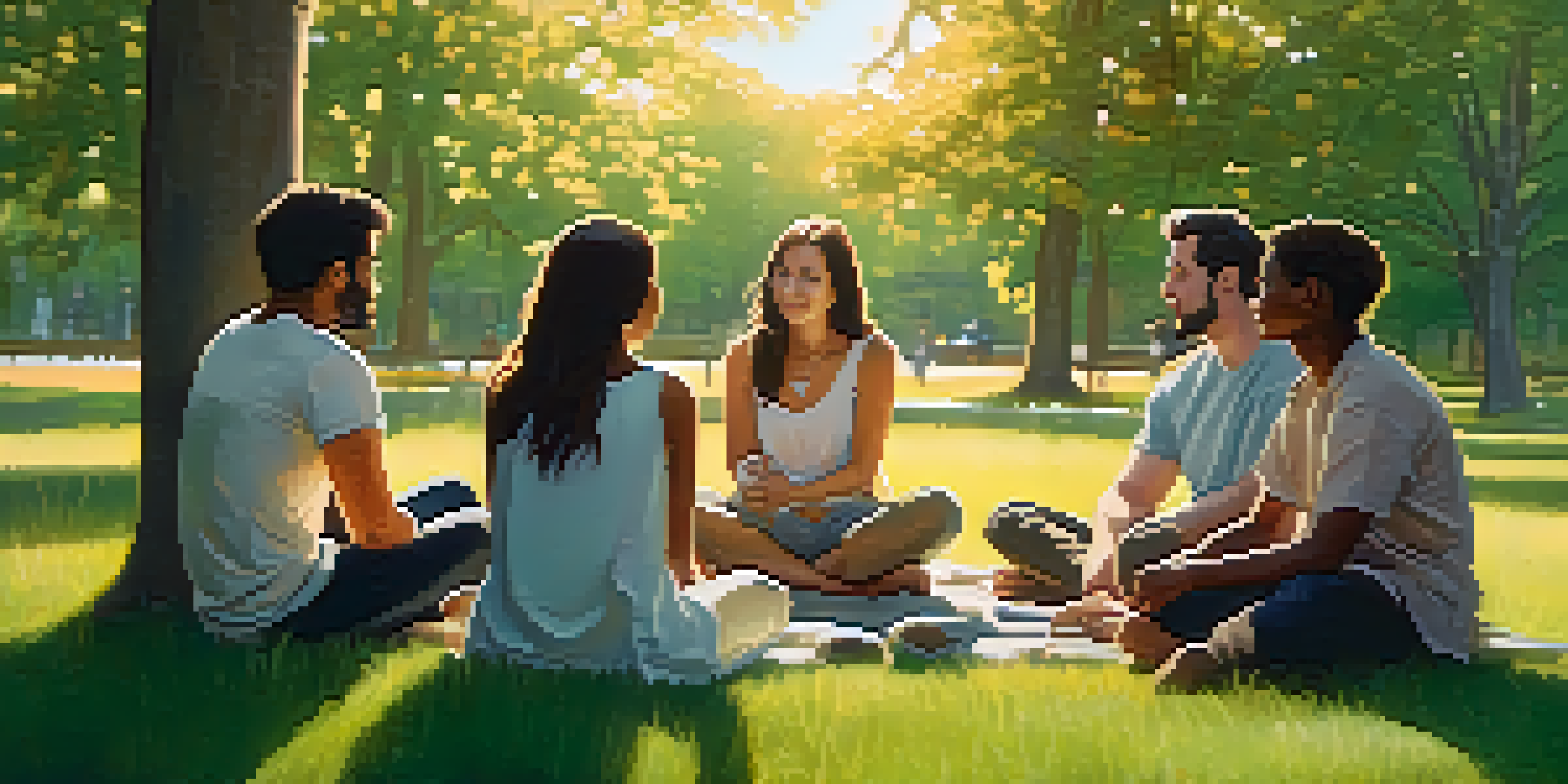 A diverse group of friends sitting in a circle in a park, engaged in a supportive conversation during sunset.