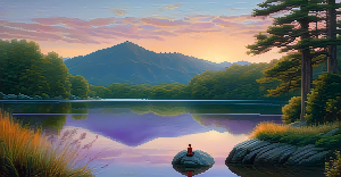 A person meditating on a rock by a calm lake during sunset, surrounded by trees and soft pastel colors in the sky.