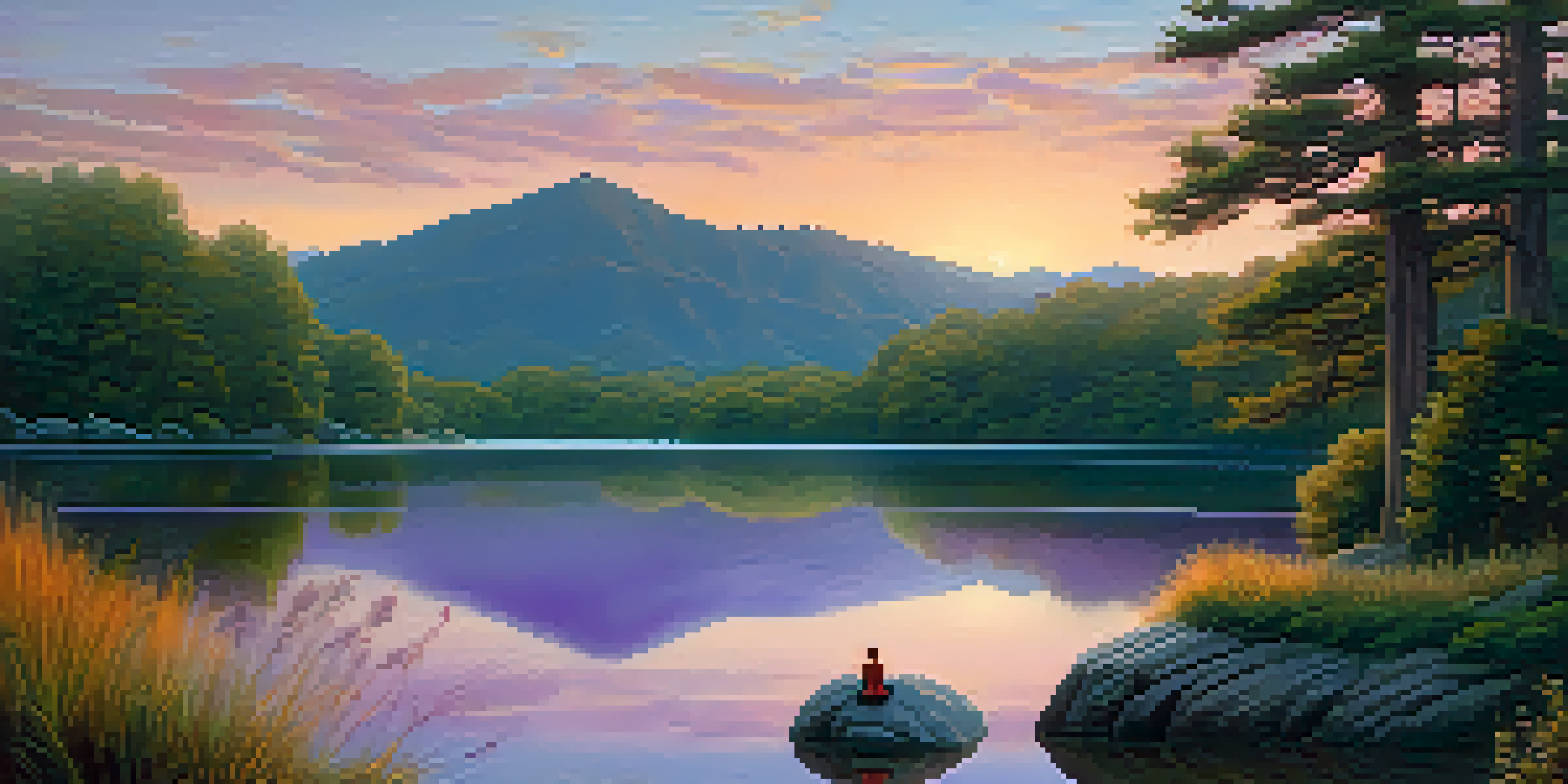 A person meditating on a rock by a calm lake during sunset, surrounded by trees and soft pastel colors in the sky.