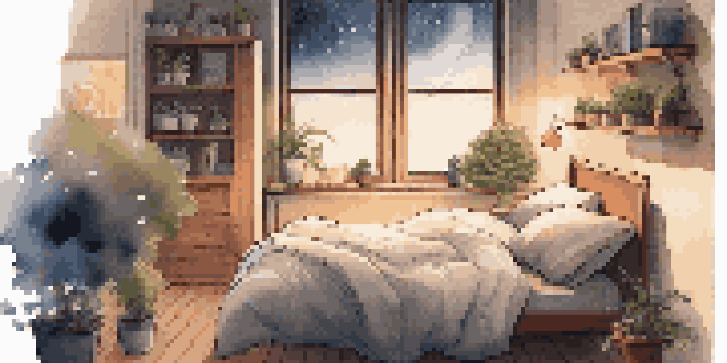 A cozy bedroom with warm lighting, a made bed surrounded by plants and a starry sky visible through the window.
