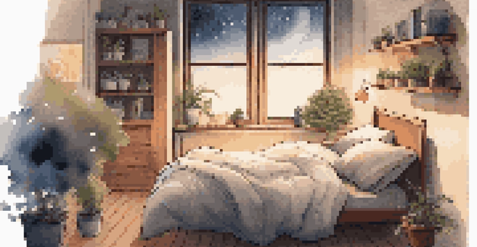 A cozy bedroom with warm lighting, a made bed surrounded by plants and a starry sky visible through the window.