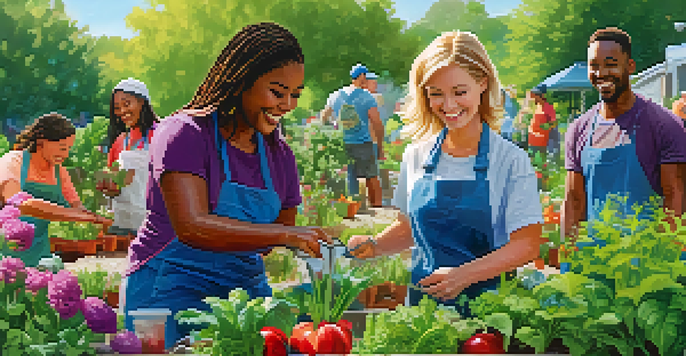 A diverse group of volunteers happily working together in a community garden, planting flowers and vegetables under a bright sunny sky.