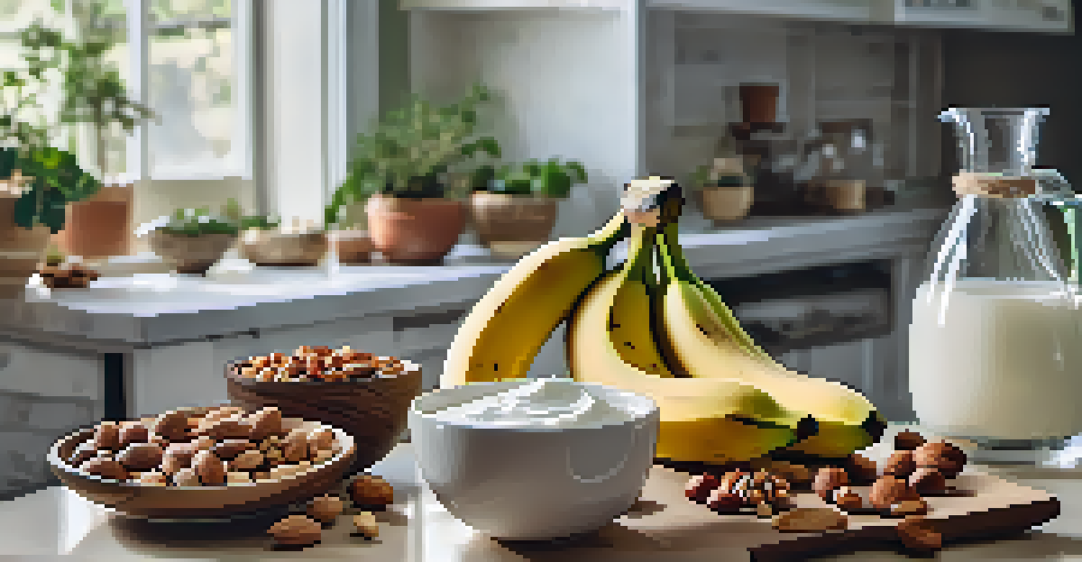 A visually appealing arrangement of healthy snacks like nuts and bananas on a kitchen counter, encouraging restful sleep.