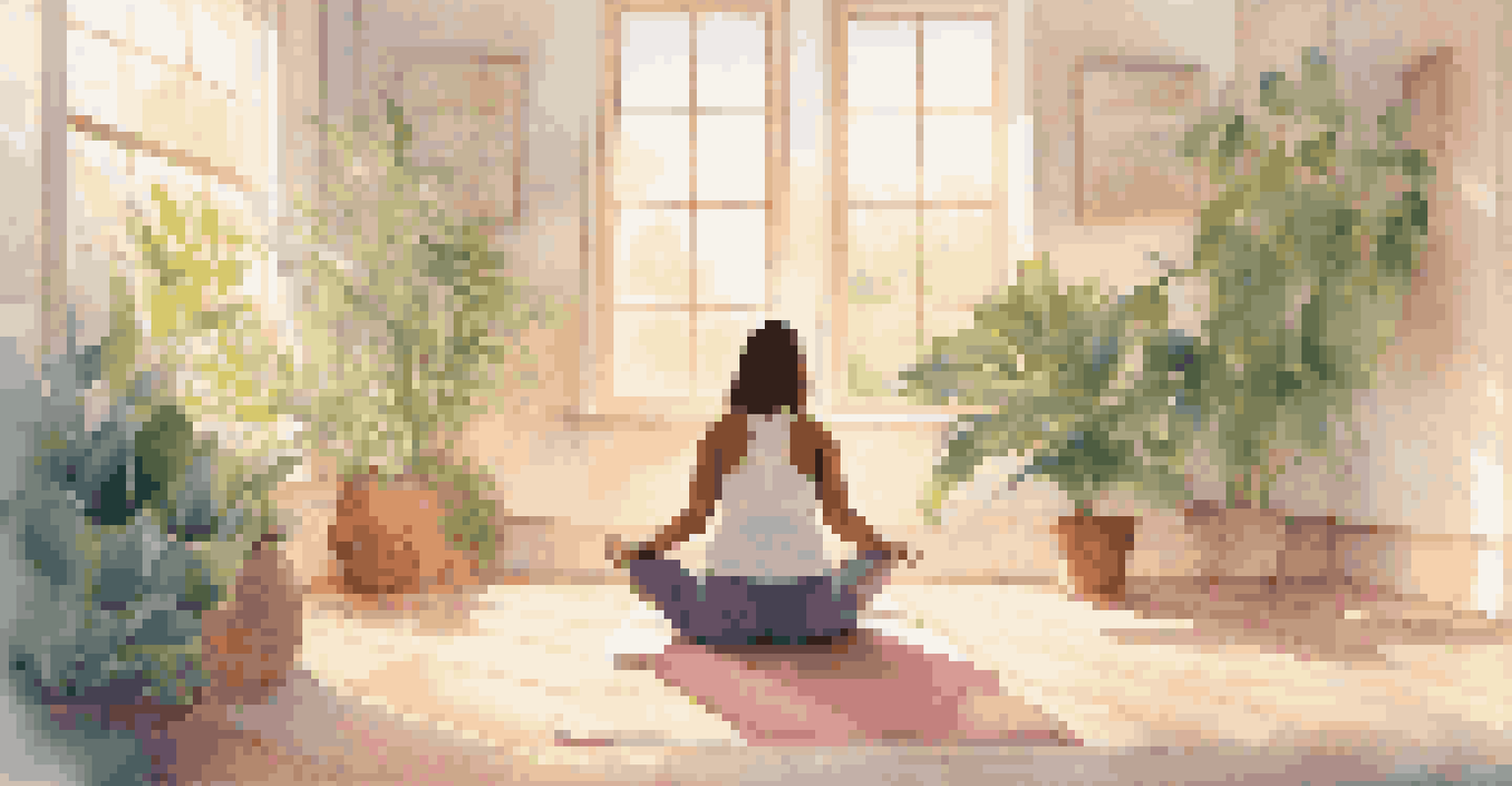 A person meditating on a yoga mat in a bright room filled with plants.