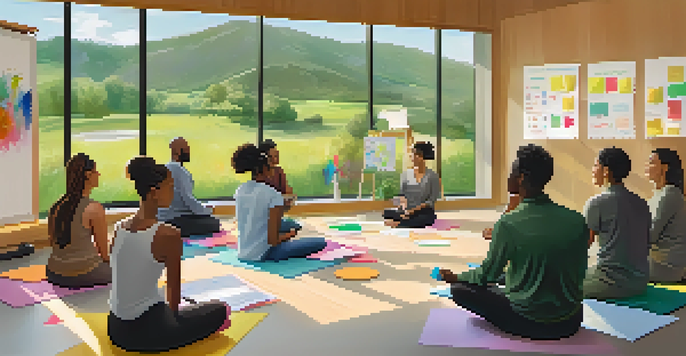 A diverse group of people in a bright wellness workshop, sitting in a circle and discussing feedback, with sticky notes and a whiteboard visible.