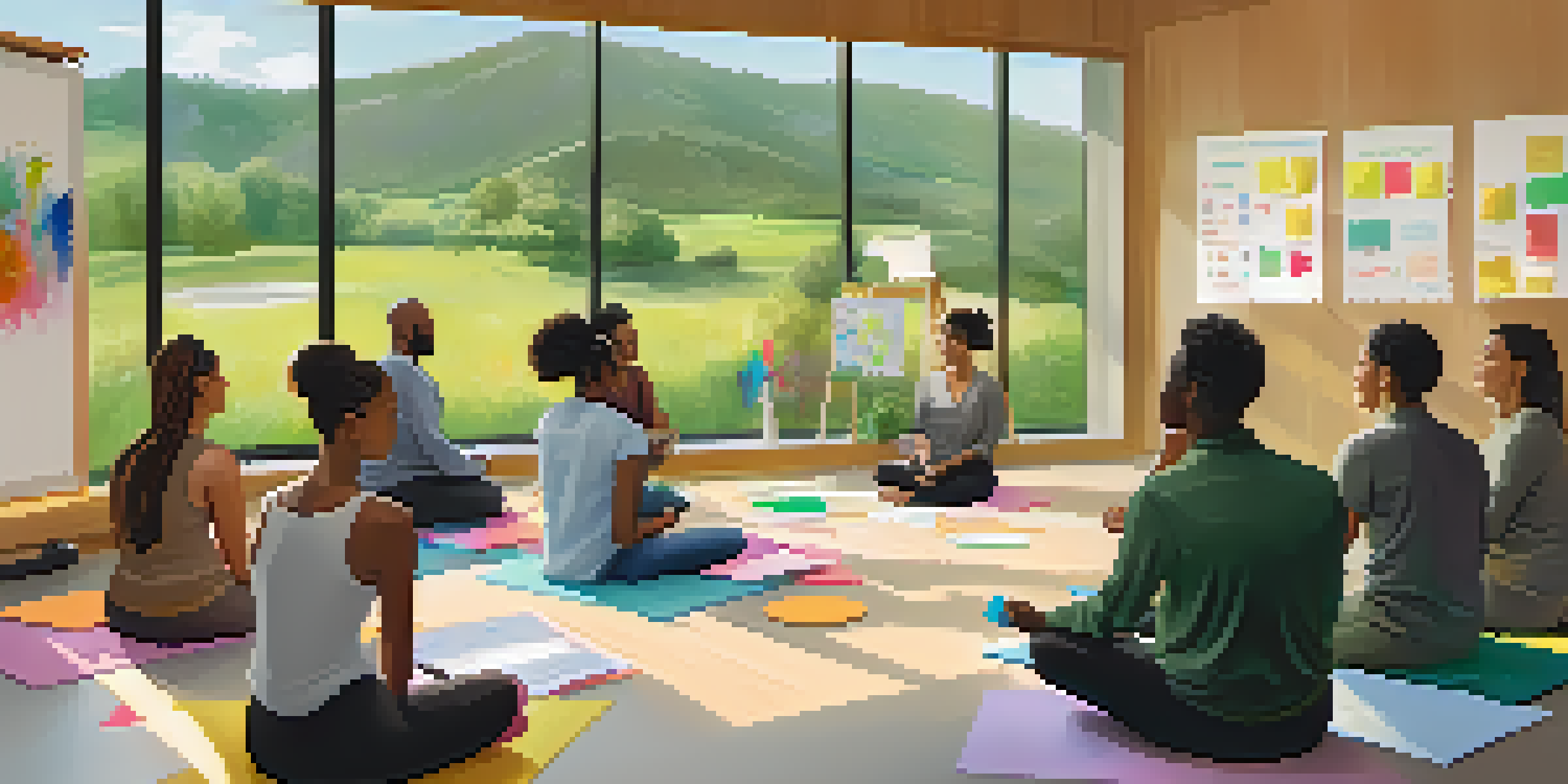 A diverse group of people in a bright wellness workshop, sitting in a circle and discussing feedback, with sticky notes and a whiteboard visible.