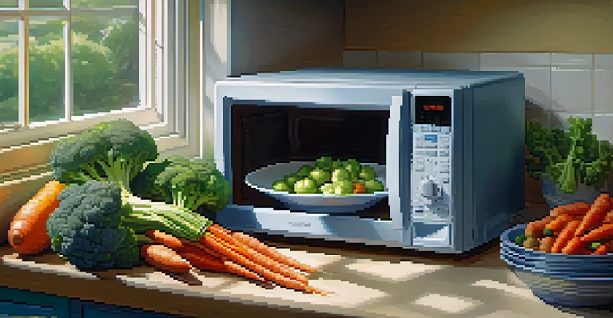 A colorful kitchen with a microwave on the countertop, fresh vegetables, and a hand reaching for the microwave door.