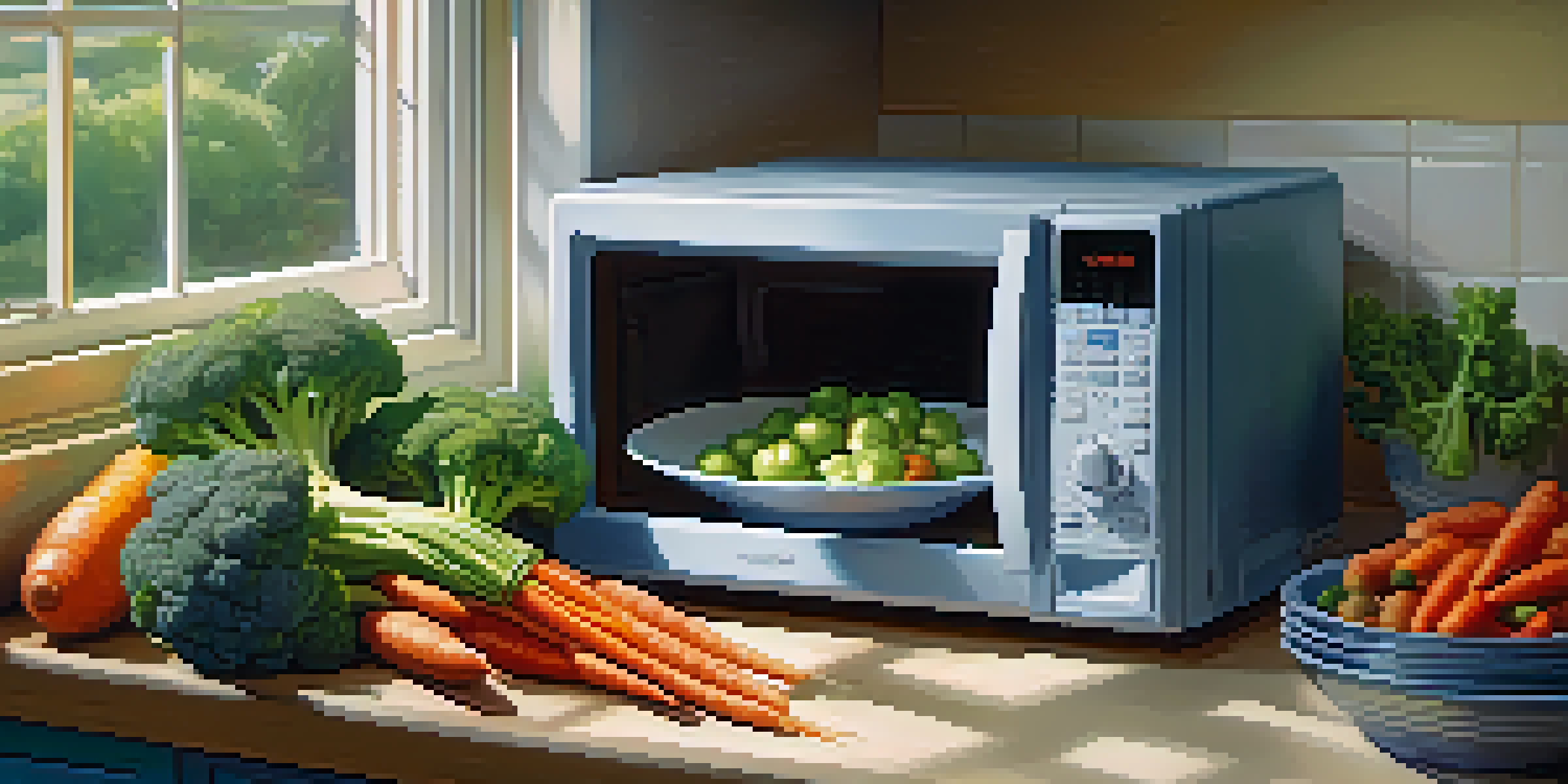 A colorful kitchen with a microwave on the countertop, fresh vegetables, and a hand reaching for the microwave door.