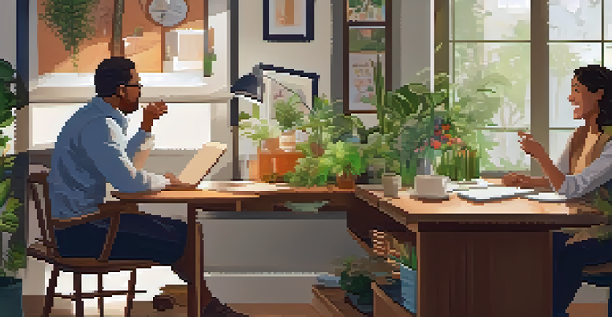 A health coach and a client having a discussion in a warm, inviting office with plants and motivational posters.