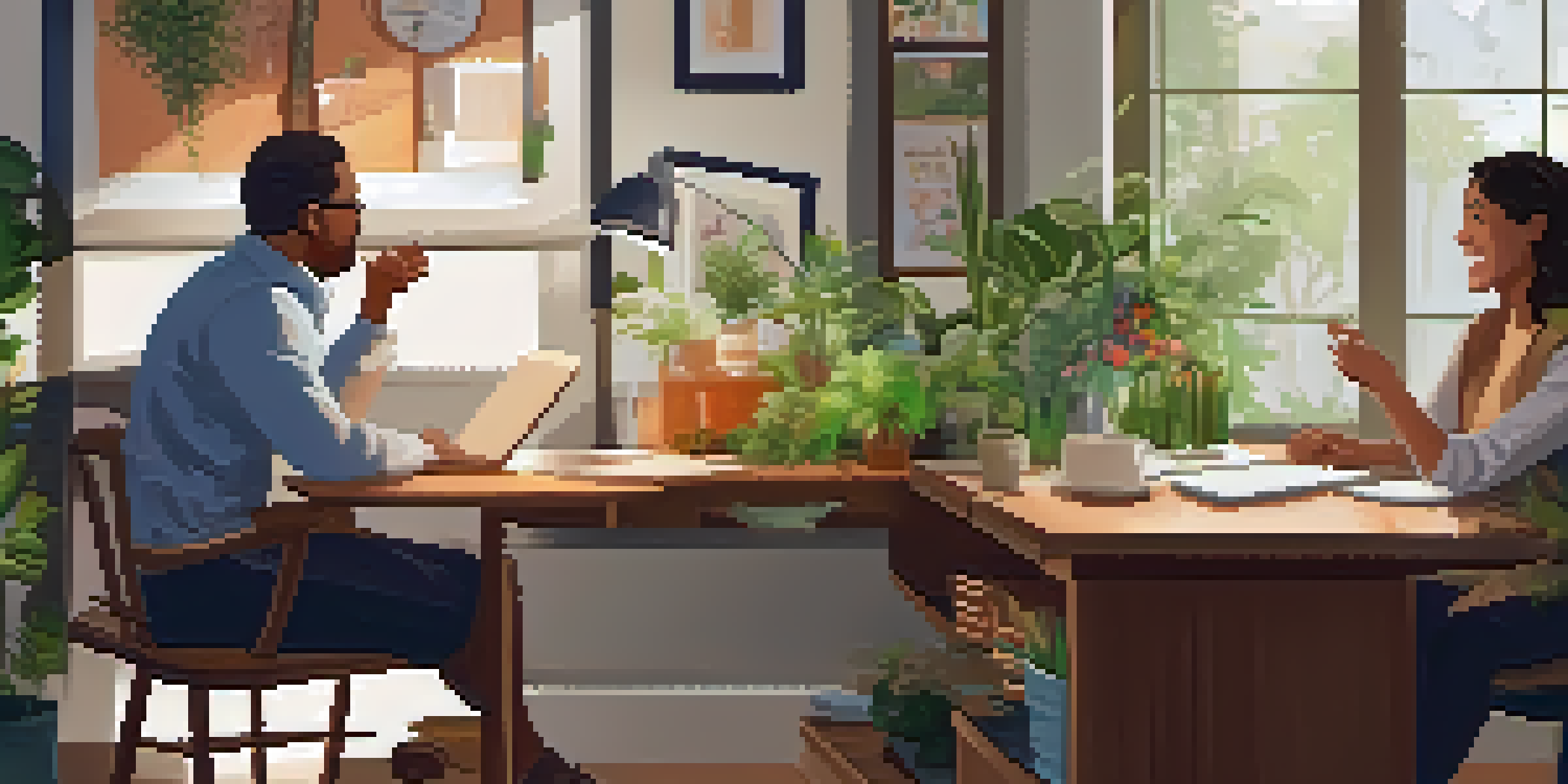 A health coach and a client having a discussion in a warm, inviting office with plants and motivational posters.