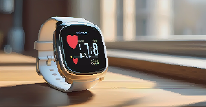 A smartwatch on a wooden table showing fitness data, with a healthy breakfast in the background.
