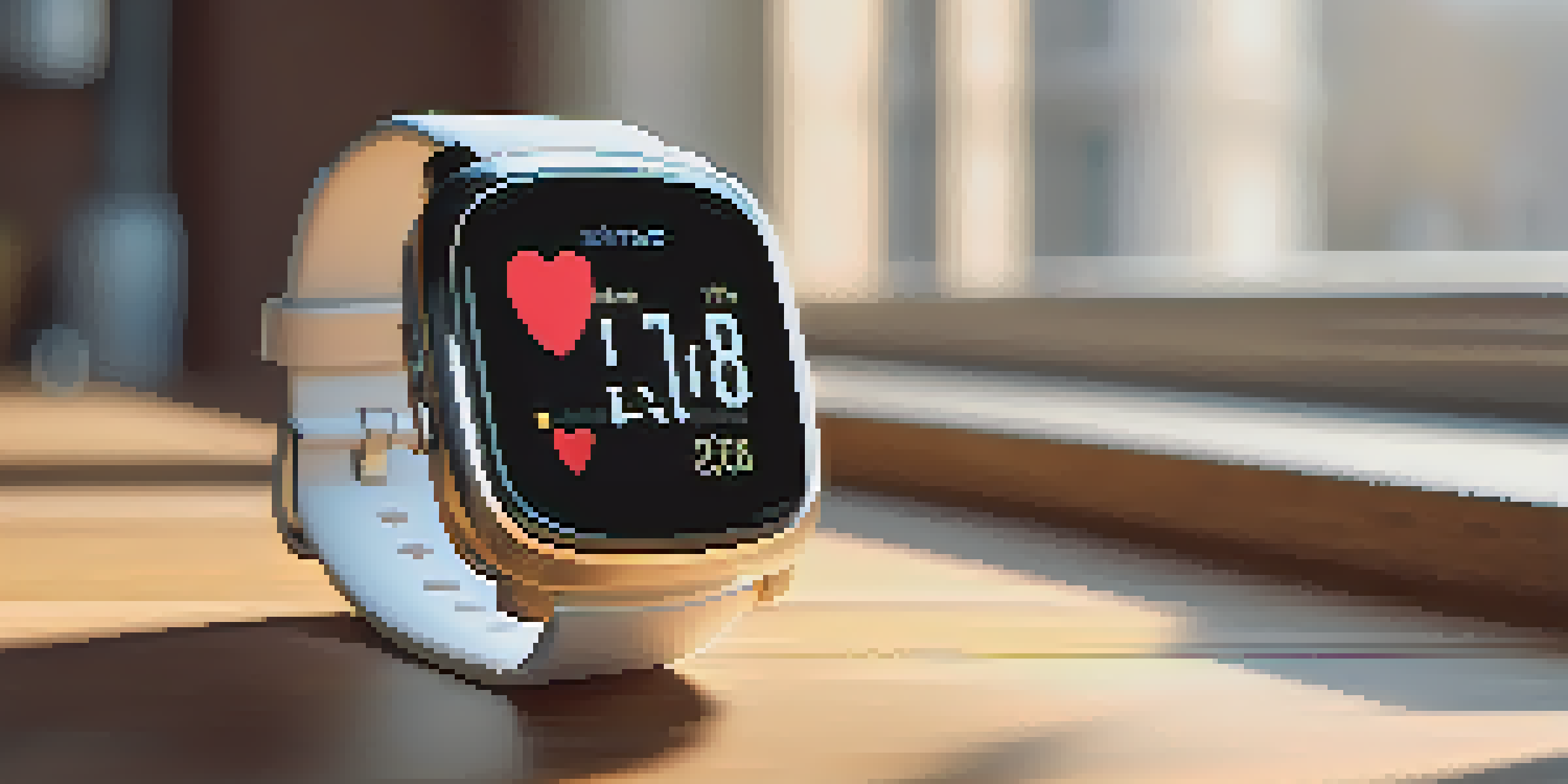 A smartwatch on a wooden table showing fitness data, with a healthy breakfast in the background.
