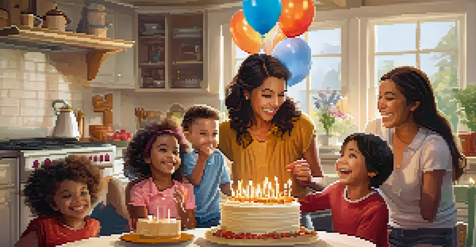 A family celebrating a child's achievement in a kitchen, with the child holding a trophy and family members cheering. The kitchen is decorated with balloons and a cake.