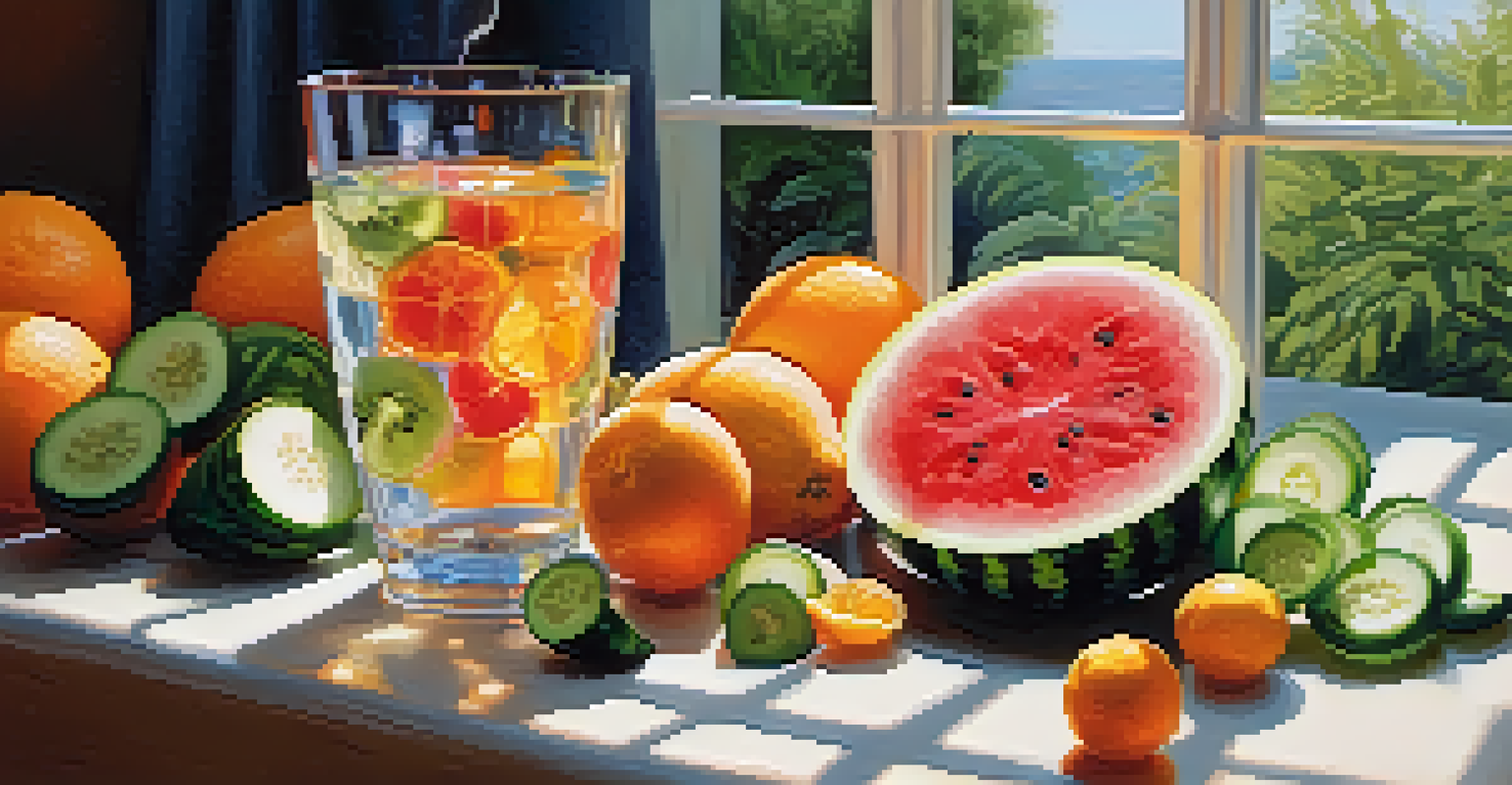 A glass of water surrounded by fresh fruits like watermelon, cucumber, and oranges, showcasing hydration.